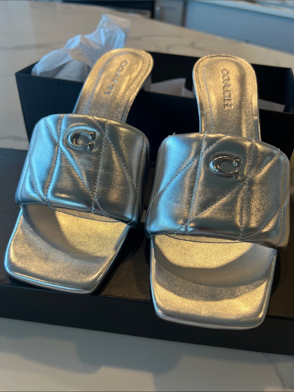 Coach Metallic Silver Quilted Slide Mules